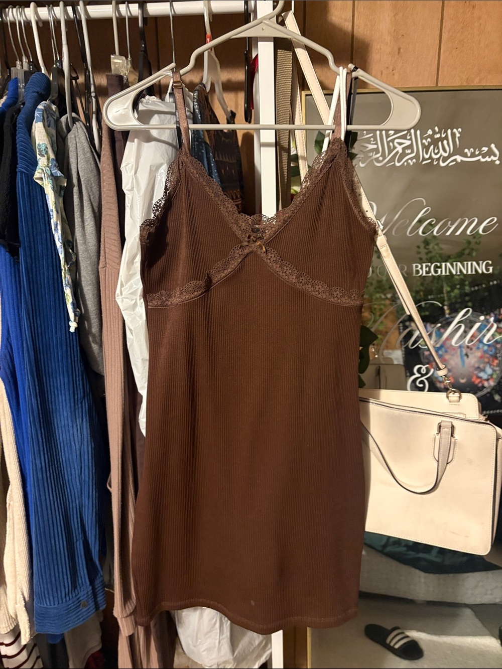 H&M Brown Lace-Trim Ribbed Slip Chemise